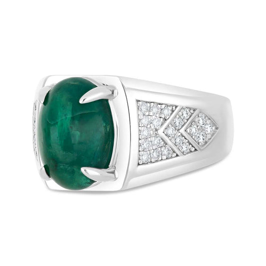 خاتم رجالي عيار 925 مطلي روديوم مرصع بحجر الزمرد الطبيعي و الالماس الطبيعي سي في دي جودة في في اس