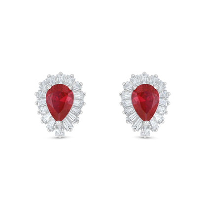 Sterling Silver 925 Earring Rhodium Plated Embedded With Ruby Corundum And White Zircon