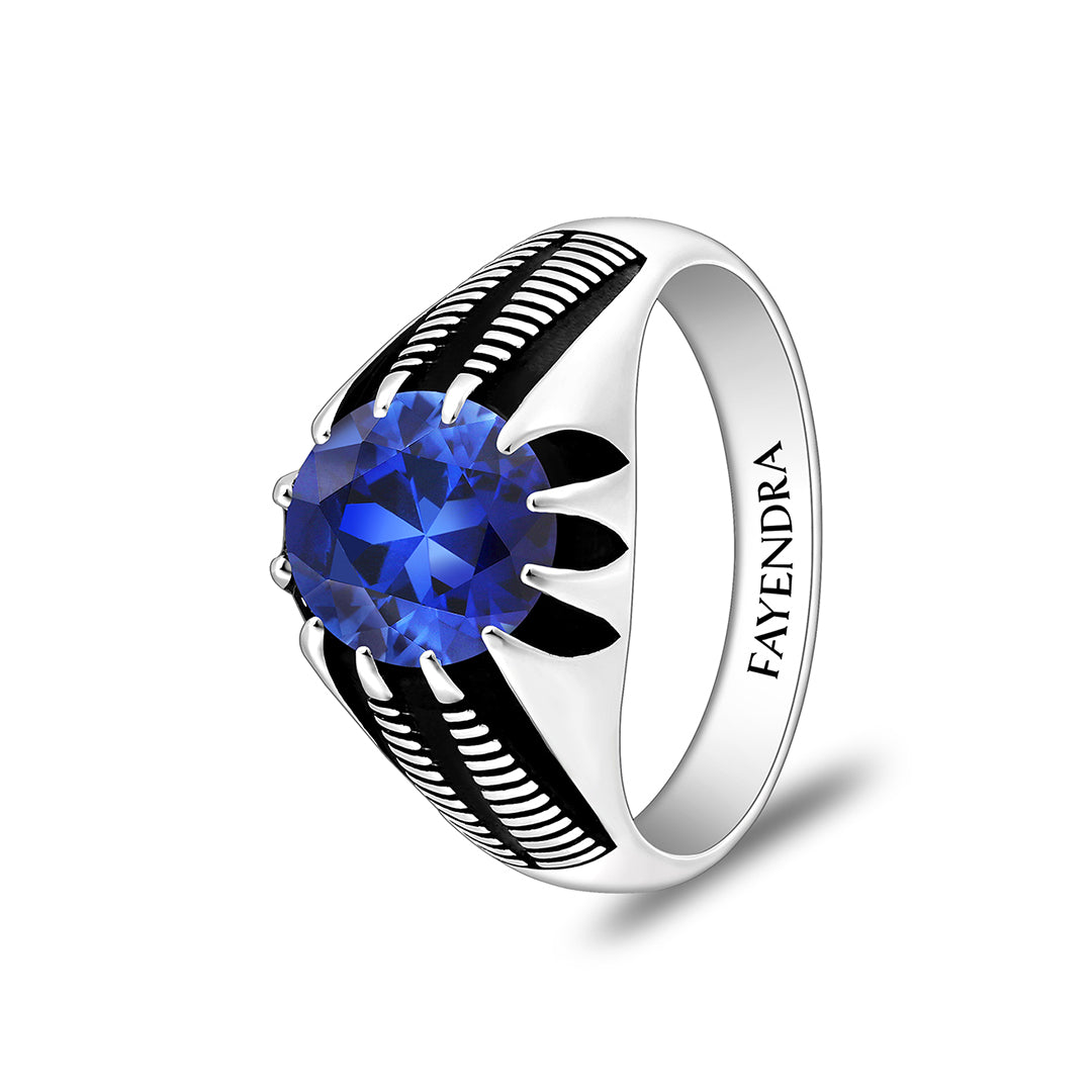 Sterling Silver 925 Ring Rhodium And Black Plated Embedded With Sapphire Corundum For Men