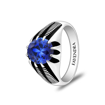 Sterling Silver 925 Ring Rhodium And Black Plated Embedded With Sapphire Corundum For Men