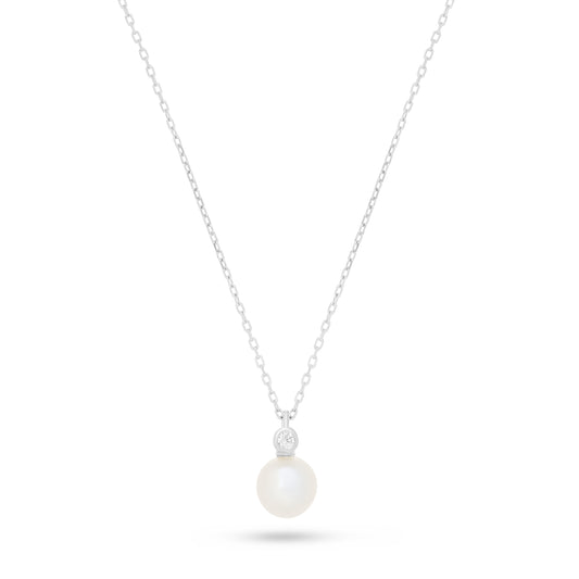 Sterling Silver 925 Necklace Rhodium Plated Embedded With Natural White Pearl And White Zircon