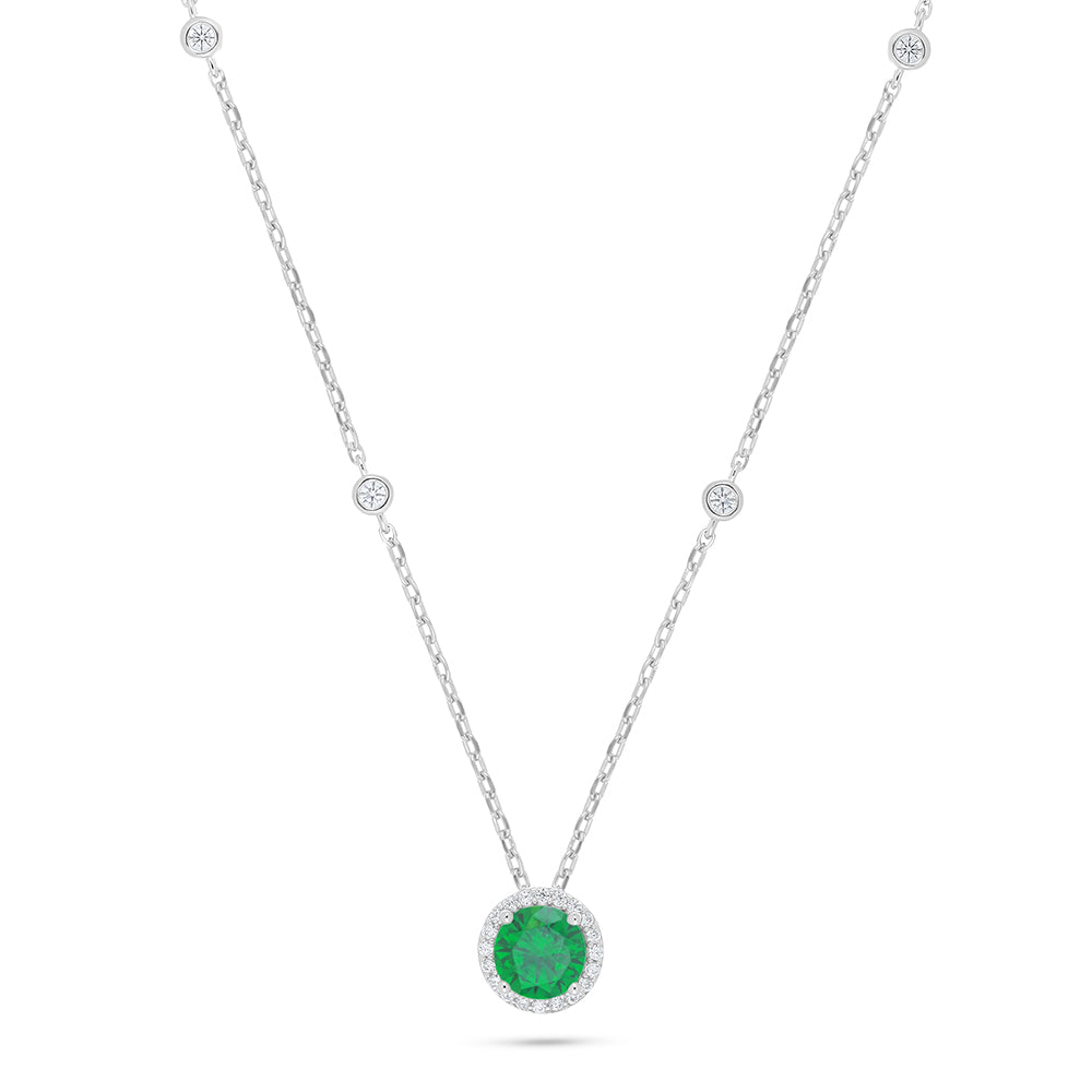 Sterling Silver 925 Necklace Rhodium Plated Embedded With Emerald Zircon And White Zircon