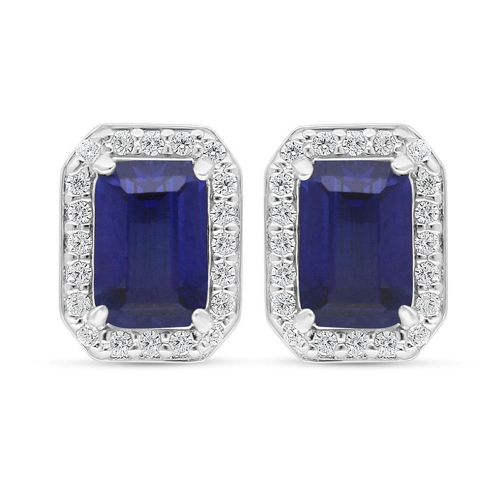Sterling Silver 925 Earring Rhodium Plated Embedded With Sapphire Corundum And White Zircon