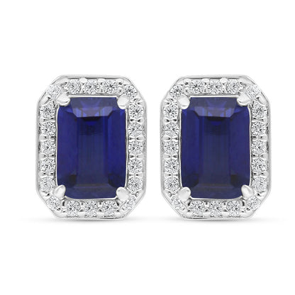 Sterling Silver 925 Earring Rhodium Plated Embedded With Sapphire Corundum And White Zircon