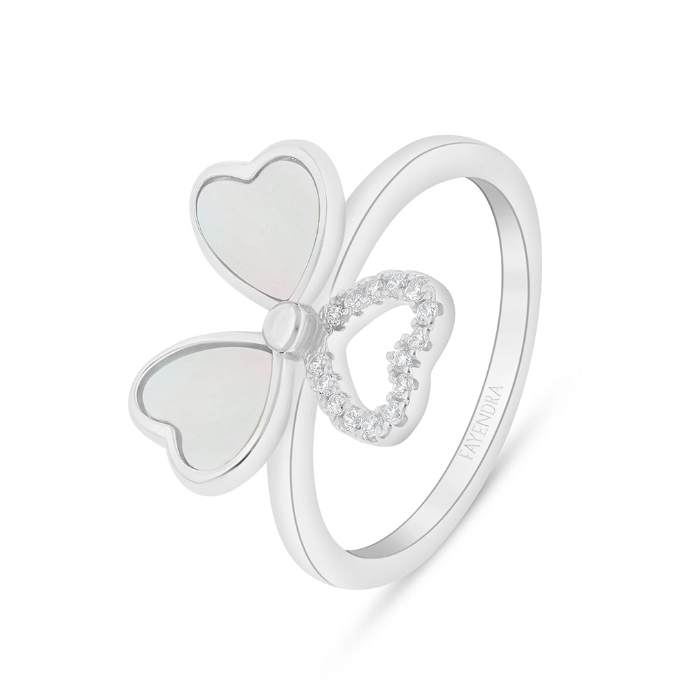 Sterling Silver 925 Ring Rhodium Plated Embedded With White Shell And White Zircon