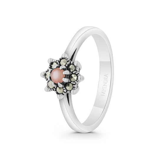 Sterling Silver 925 Ring Embedded With Natural Pink Shell And Marcasite Stones
