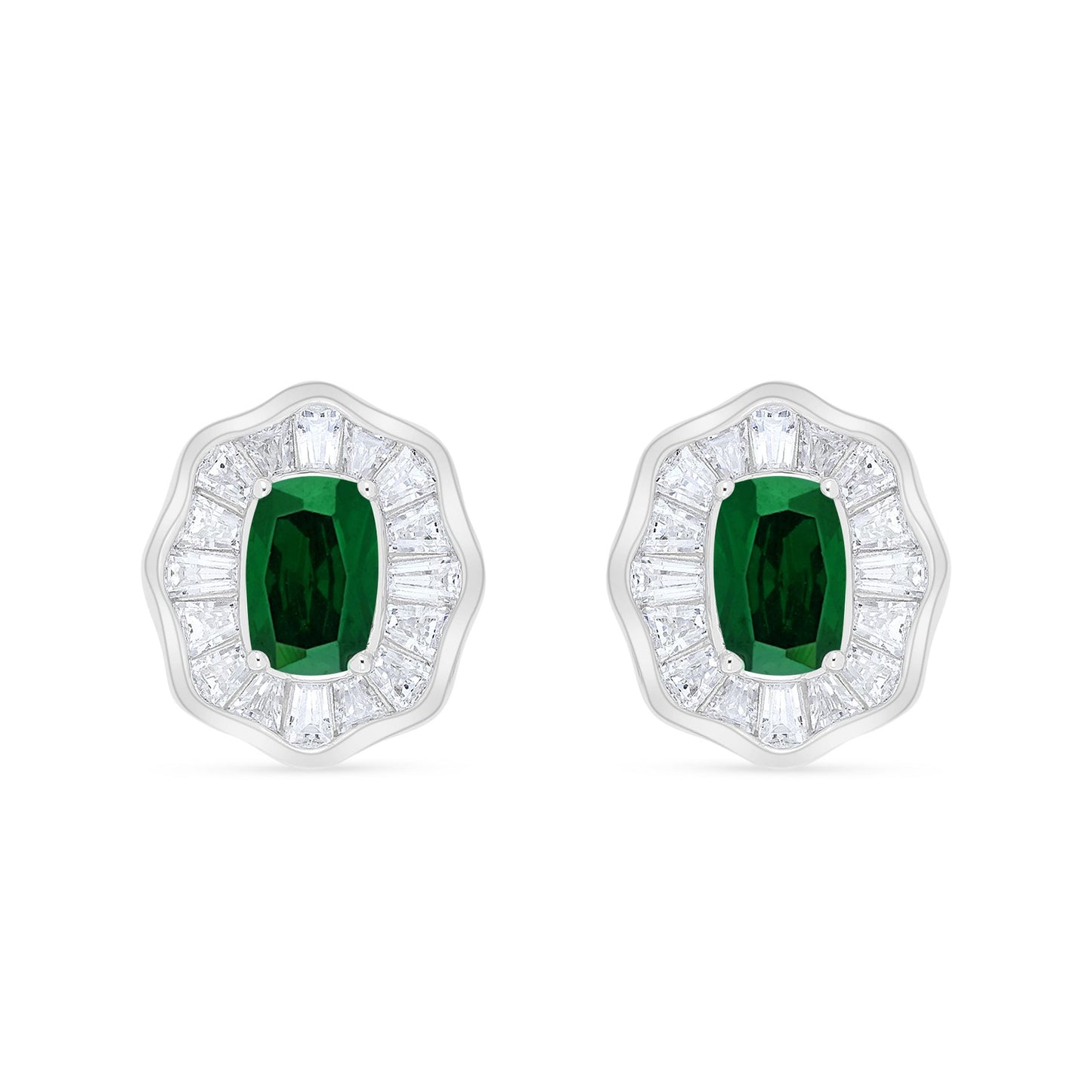 Sterling Silver 925 Earring Rhodium Plated Embedded With Emerald Zircon And White Zircon