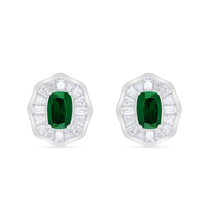 Sterling Silver 925 Earring Rhodium Plated Embedded With Emerald Zircon And White Zircon