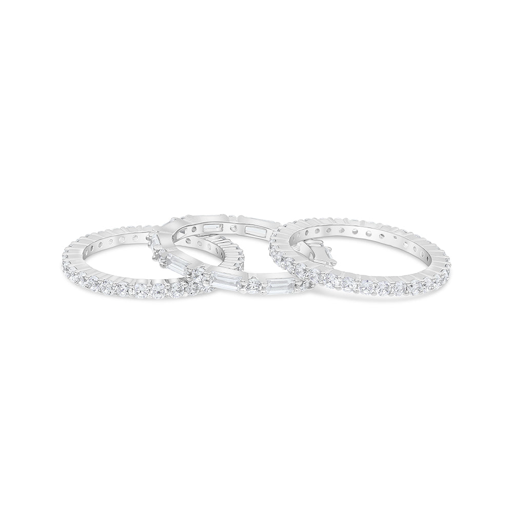 Sterling Silver 925 Ring (3pieces) Rhodium Plated Embedded With White Zircon
