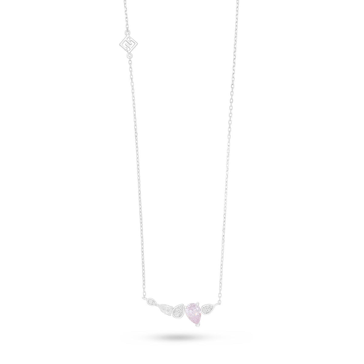 Sterling Silver 925 Necklace Rhodium Plated Embedded With Pink Zircon And White Zircon