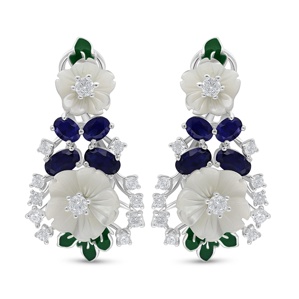Sterling Silver 925 Earring Rhodium Plated Embedded With White Shell And Sapphire Corundum And White Zircon