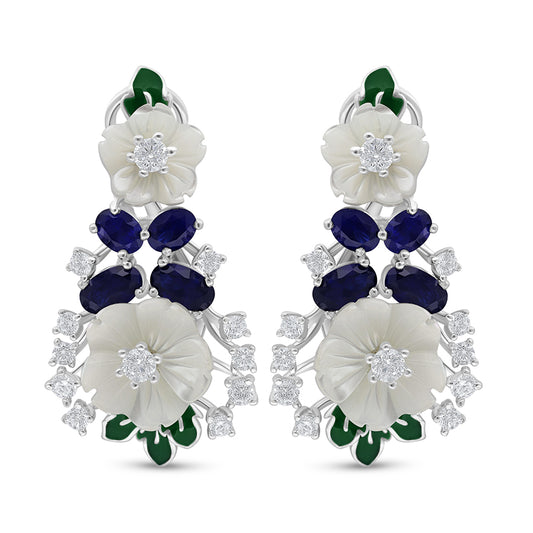 Sterling Silver 925 Earring Rhodium Plated Embedded With White Shell And Sapphire Corundum And White Zircon