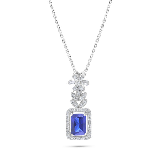 Sterling Silver 925 Necklace Rhodium Plated Embedded With Sapphire Corundum And White Zircon