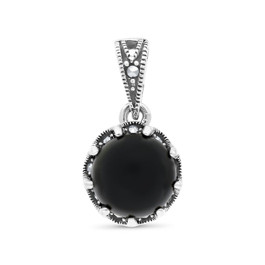 Sterling Silver 925 Pendant Embedded With Natural Black Agate And Marcasite Stones
