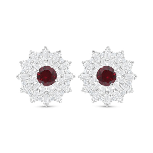 Sterling Silver 925 Earring Rhodium Plated Embedded With Ruby Corundum And White Zircon