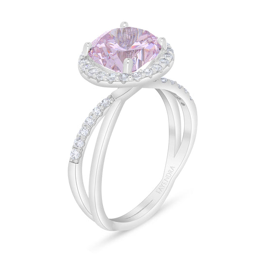 Sterling Silver 925 Ring Rhodium Plated Embedded With Pink Zircon And White Zircon