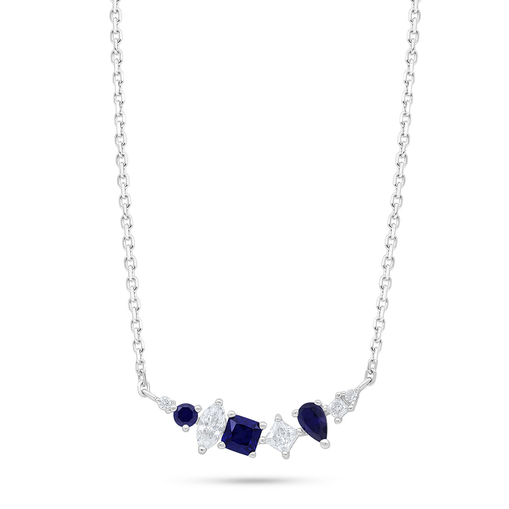 Sterling Silver 925 Necklace Rhodium Plated Embedded With Sapphire Corundum And White Zircon