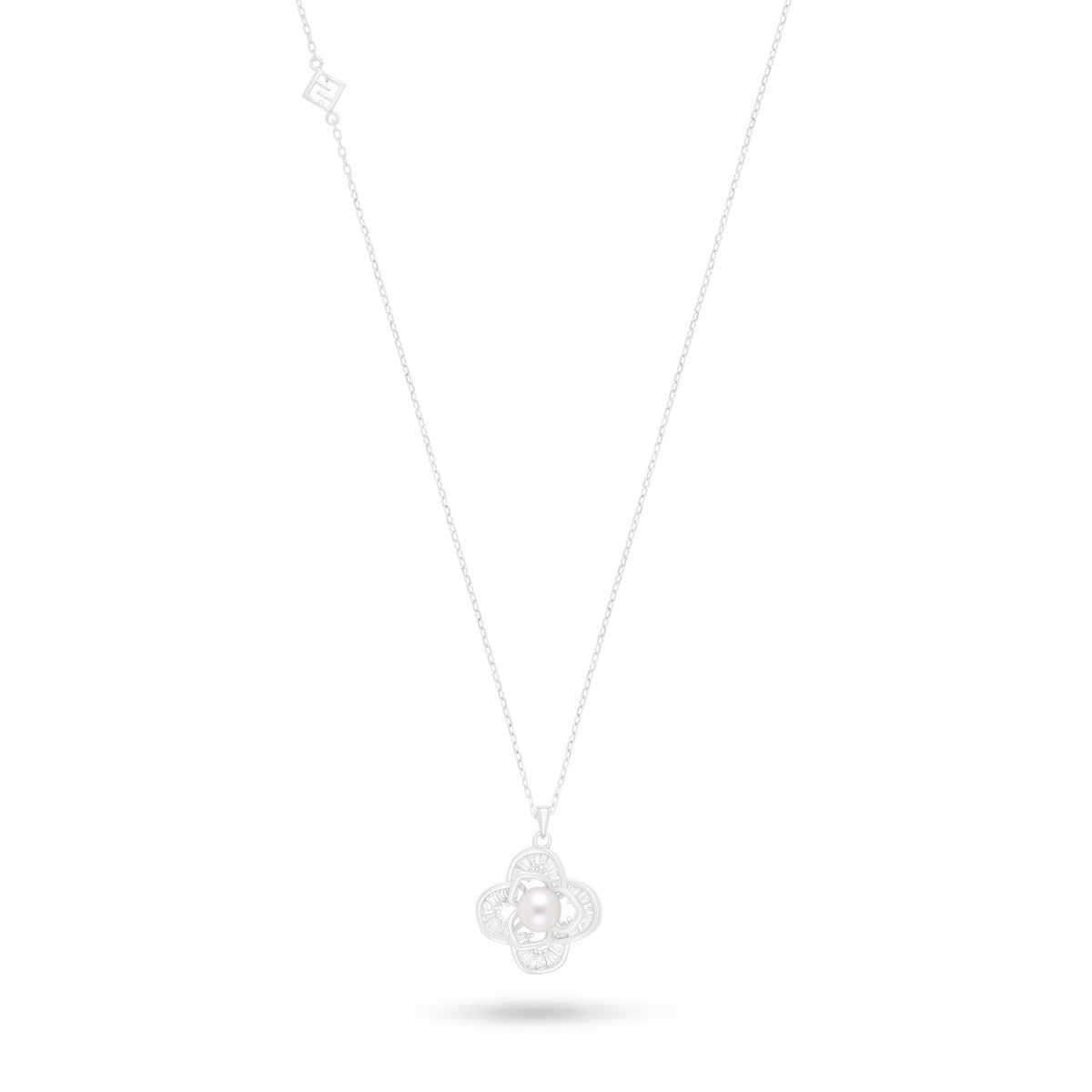 Sterling Silver 925 Necklace Rhodium Plated Embedded With Natural White Pearl And White Zircon