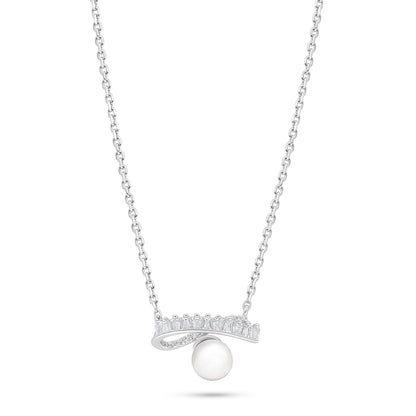 Sterling Silver 925 Necklace Rhodium Plated Embedded With Natural White Pearl And White Zircon