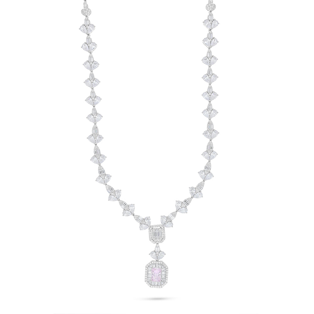 Sterling Silver 925 Set Rhodium Plated Embedded With Pink Zircon And White Zircon