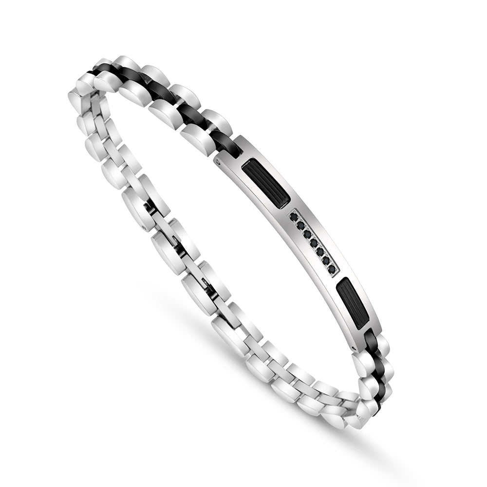 Stainless Steel 316L And 304 L Bracelet, Silver And Black Color Embedded With Black Spinal For Men