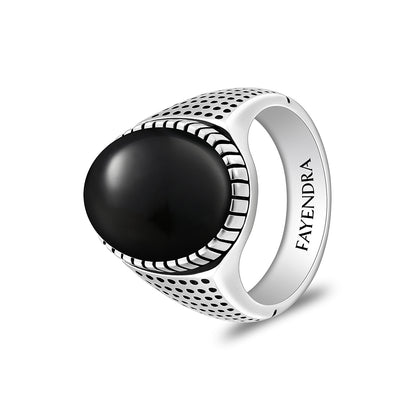 Sterling Silver 925 Ring Rhodium And Black Plated Embedded With Cabochon Natural Black Agate For Men