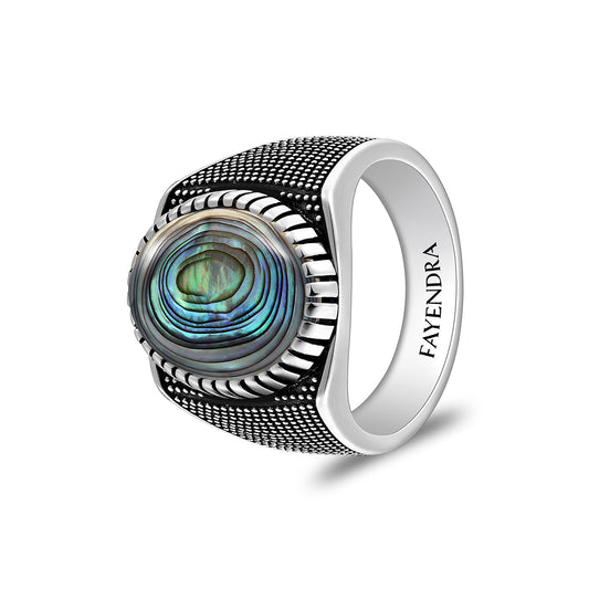 Sterling Silver 925 Ring Rhodium And Black Plated Embedded With Cabochon Paua Shell For Men