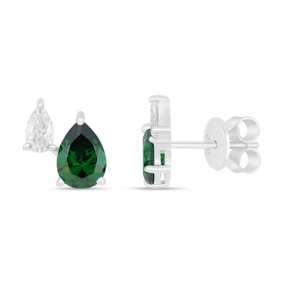 Sterling Silver 925 Earring Rhodium Plated Embedded With Emerald Zircon And White Zircon