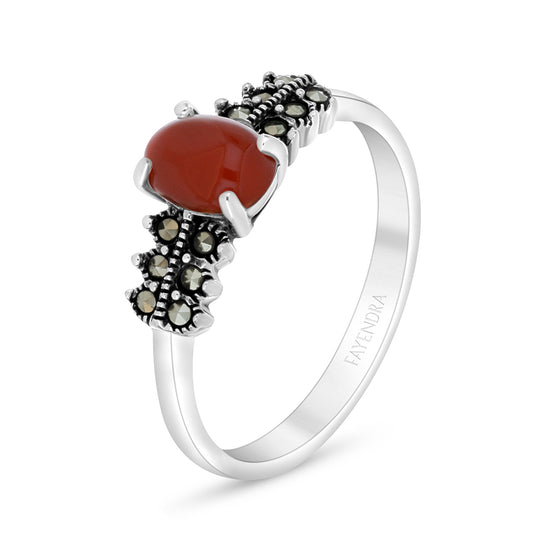 Sterling Silver 925 Ring Embedded With Natural Aqiq And Marcasite Stones