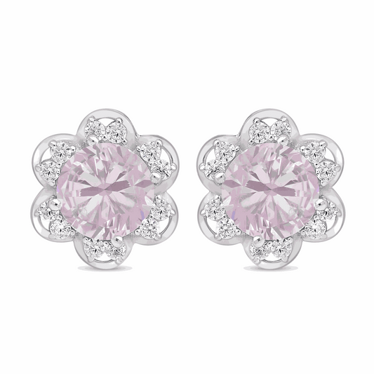 Sterling Silver 925 Earring Rhodium Plated Embedded With Pink Zircon And White Zircon