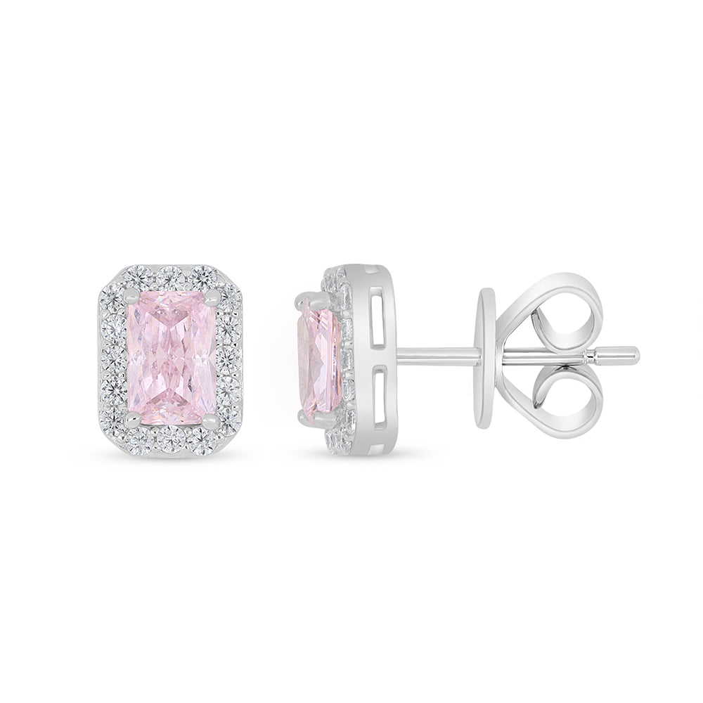 Sterling Silver 925 Earring Rhodium Plated Embedded With Pink Zircon And White Zircon