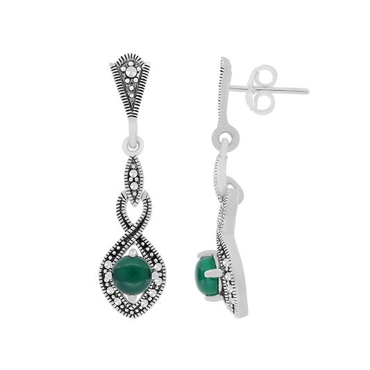 Sterling Silver 925 Earring Embedded With Natural Green Agate And Marcasite Stones