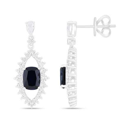 Sterling Silver 925 Earring Rhodium Plated Embedded With Sapphire Corundum And White Zircon