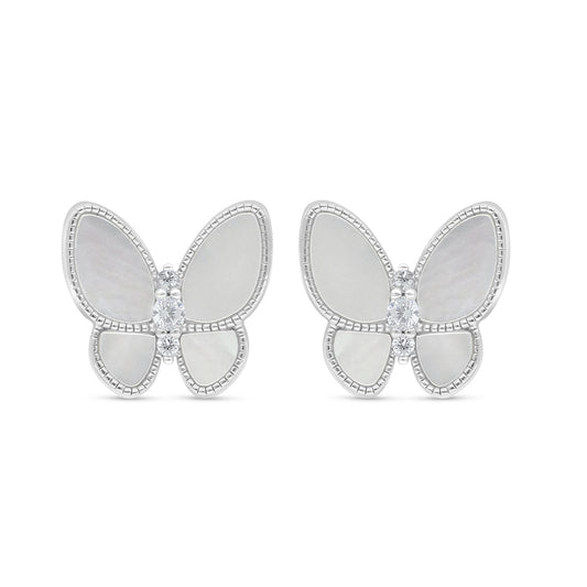 Sterling Silver 925 Earring Rhodium Plated Embedded With White Shell And White Zircon