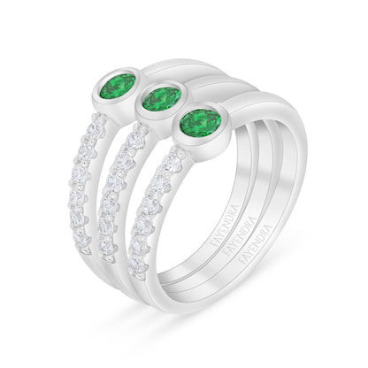 Sterling Silver 925 Ring (3pieces) Rhodium Plated Embedded With Emerald Zircon And White Zircon