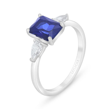 Sterling Silver 925 Ring Rhodium Plated Embedded With Sapphire Corundum And White Zircon