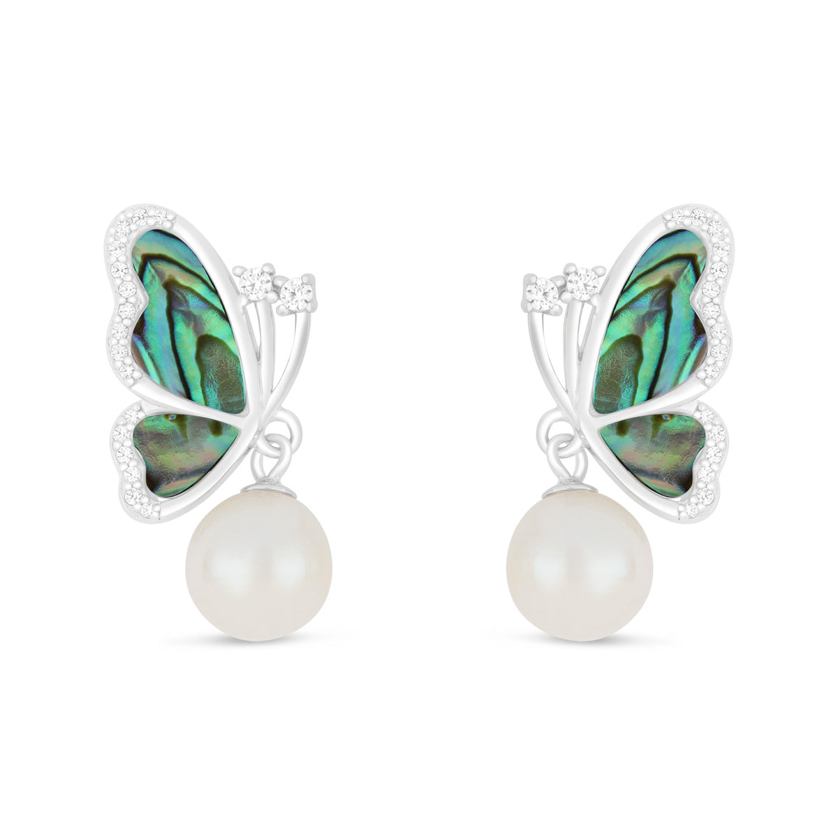 Sterling Silver 925 Earring Rhodium Plated Embedded With Natural White Pearl,Blue Shell And White Zircon