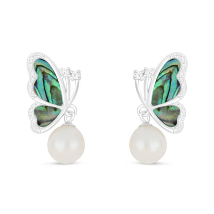 Sterling Silver 925 Earring Rhodium Plated Embedded With Natural White Pearl,Blue Shell And White Zircon