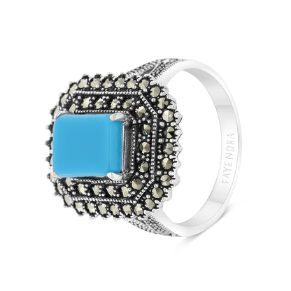 Sterling Silver 925 Ring Embedded With Natural Processed Turquoise And Marcasite Stones