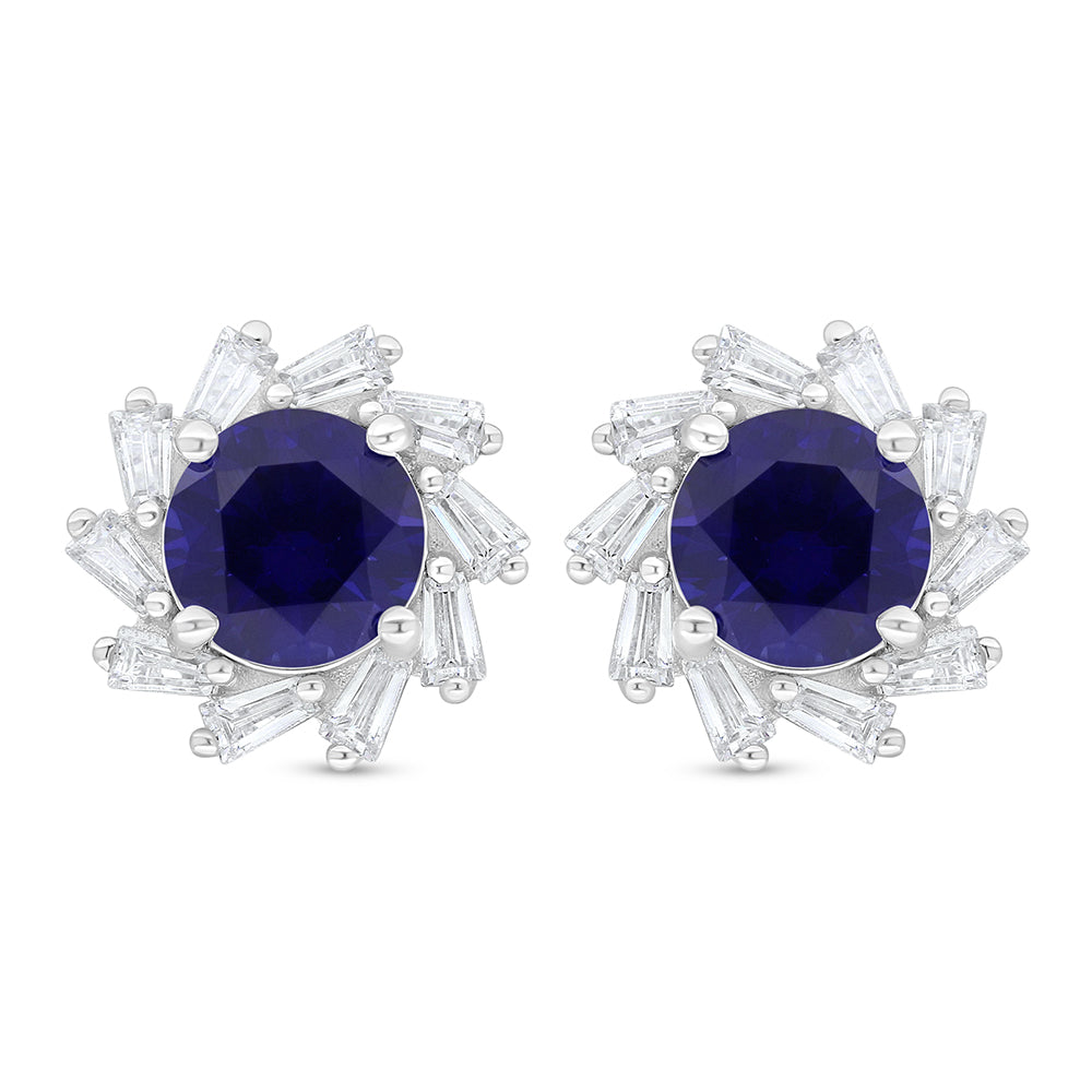 Sterling Silver 925 Earring Rhodium Plated Embedded With Sapphire Corundum And White Zircon