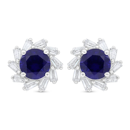 Sterling Silver 925 Earring Rhodium Plated Embedded With Sapphire Corundum And White Zircon