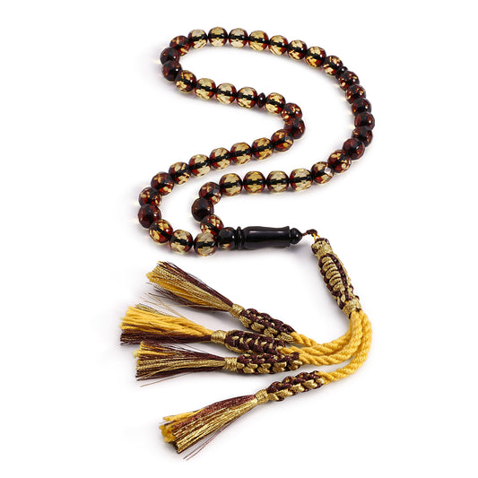 Rosary 45 Embedded With Natural Green Amber Round Faceted Beads 9 mm And Fabric Tassel