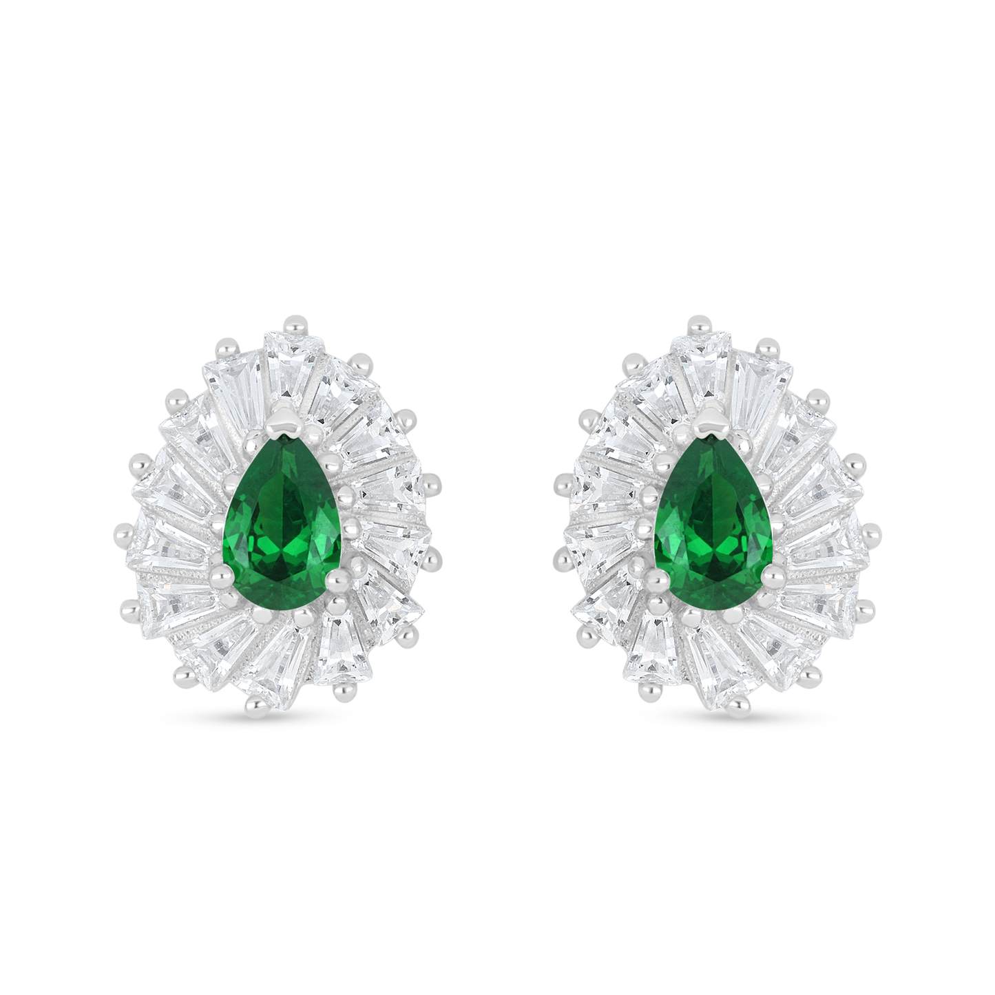 Sterling Silver 925 Earring Rhodium Plated Embedded With Emerald Zircon And White Zircon