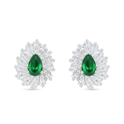 Sterling Silver 925 Earring Rhodium Plated Embedded With Emerald Zircon And White Zircon