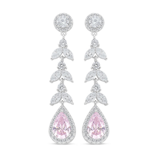 Sterling Silver 925 Earring Rhodium Plated Embedded With Pink Zircon And White Zircon