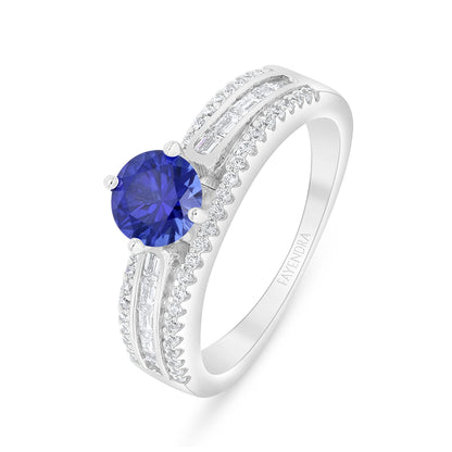 Sterling Silver 925 Ring Rhodium Plated Embedded With Sapphire Corundum And White Zircon