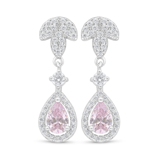 Sterling Silver 925 Earring Rhodium Plated Embedded With Pink Zircon And White Zircon