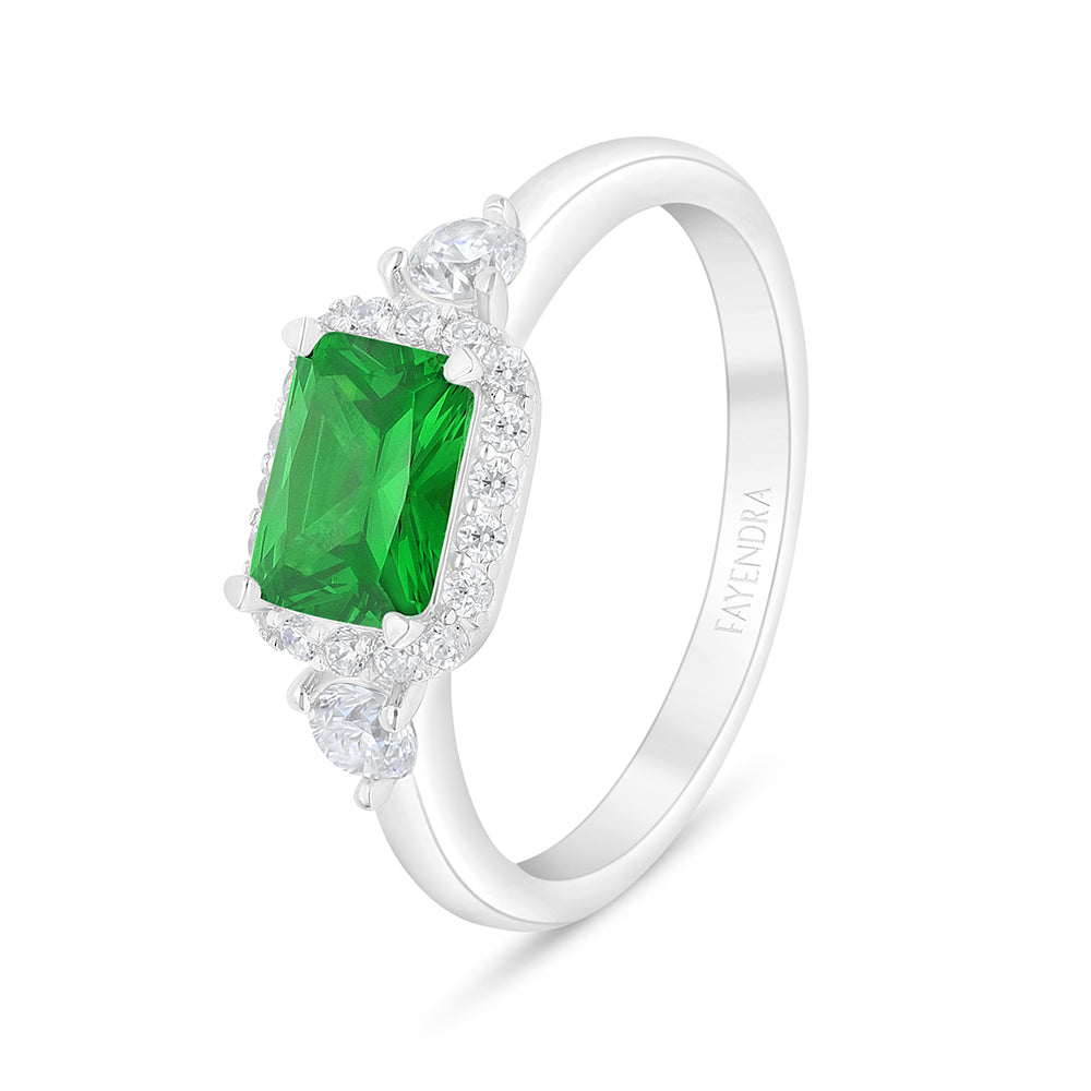 Sterling Silver 925 Ring Rhodium Plated Embedded With Emerald Zircon And White Zircon
