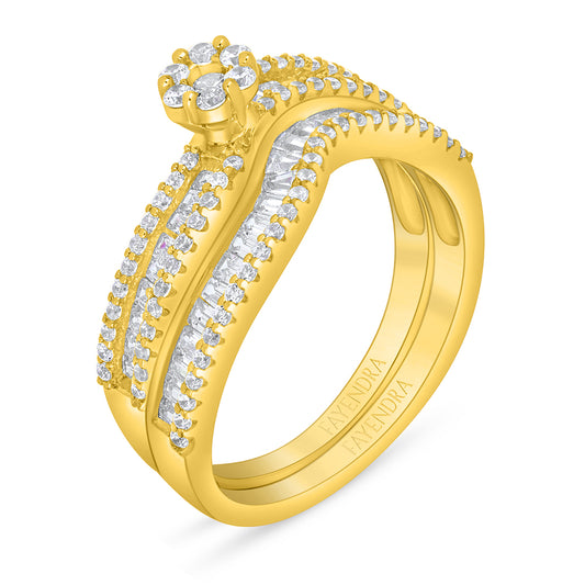 Sterling Silver 925 Ring (Twins) Golden Plated Embedded With White Zircon