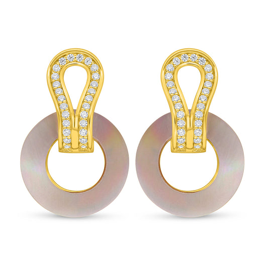 Sterling Silver 925 Earring Golden Plated Embedded With Pink Shell And White Zircon
